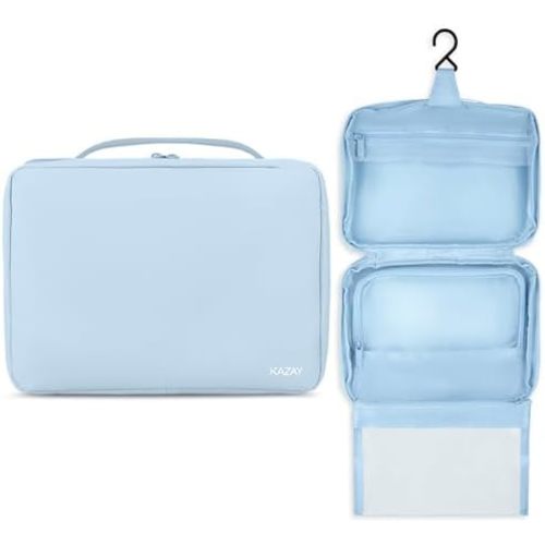 KAZAY Hanging Toiletry Bag with TSA Approved Detachable Pouch, Travel Toiletry Bag, Water Resistant, Premium Nylon, Full-Size Bottles, Travel Size Toiletries, Cosmetic Bag, Unisex (Light Blue)