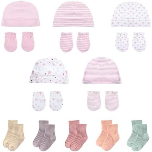 Baby Boy Girl Cotton Hat Mitten Sock Set 15 Pack Infant Essential Accessories for 0-6 Months