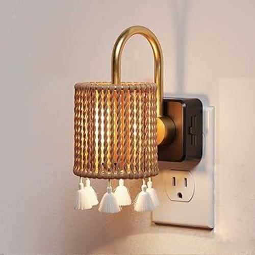 L LOHAS LED Night Lights Plug into Wall, Boho Fabric Cylinder Decor Night Light with Tassel, Dusk to Dawn Sensor, 0-100LM Dimmable Night Lights, Vintage Nightlight for Bedroom, Living Room, Hallway