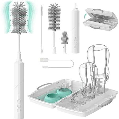 7 in 1 Electric Baby Bottle Brush Kit - Brush Handle Rotated 90°Design, Silicone Bottle Brush, Nipple Cleaner Brush, Straw Brush, Drying Rack for Home and Travel Better Cleaning