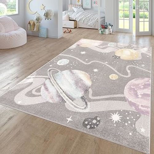 Paco Home Kids Rug Space Universe with Planets and Stars in Grey, Size: 2'8" x 4'11"