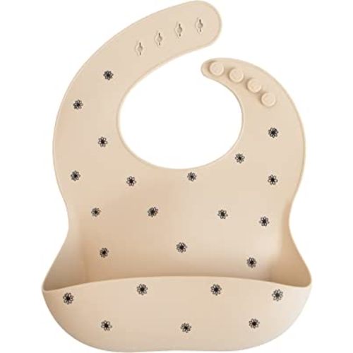 mushie Silicone Baby Bib | Adjustable Fit Waterproof Bibs (Black Daisy)