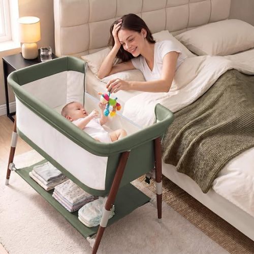 Baby Bassinet, 3 in 1 Bedside Bassinet Sleeper for Newborn, Portable Baby Crib with 4 Detachable Wheels & Adjustable Height, Breathable Mesh & Mattress, Mosquito Net& Storage Basket (Green)