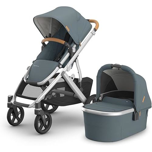 UPPAbaby Vista V3 Stroller + Bassinet V3 - Convertible Single-To-Double Stroller System- Bassinet, Toddler Seat, Bug Shield, Rain Shield Included- Callum (Stone Blue/Silver Frame/Sand Leather)