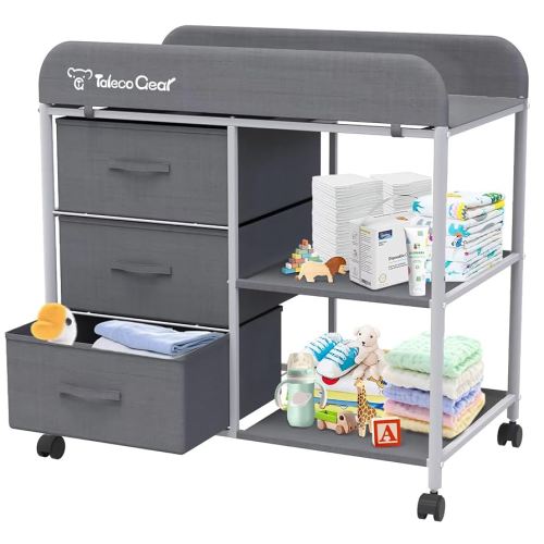 Baby Changing Table, Portable Changing Table, Diaper Changing Station with Waterproof Pad, Changing Table Dresser with 3 Storage Baskets, Mobile Nursery Organizer for Newborn Essentials