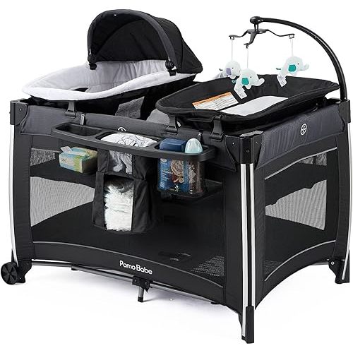Pamo Babe 4 in 1 Portable Baby Crib Deluxe Nursery Center, Foldable Travel Playard with Bassinet, Mattress, Changing Table for Newborn, Infant, Toddler(Black)