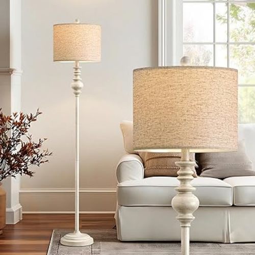 BOBOMOMO 64.25" Farmhouse Floor Lamp for Living Room, Tall Antique White Standing Lamp with Rotary Switch, Vintage Reading Lamp for Bedroom & Nursery, Rustic Home Decor Corner Lamp
