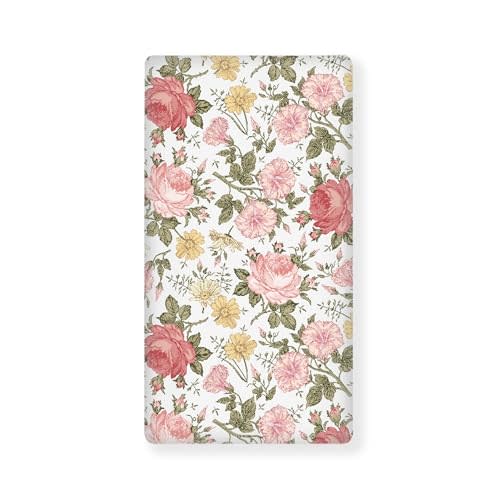 QINBEIDU Vintage Floral Boho Fitted Crib Sheet Rose Flowers Standard Crib Mattress Fitted Sheet Blush Pink Yellow Green Baby Toddler Bed Mattress Sheets for Girls 28"x52"