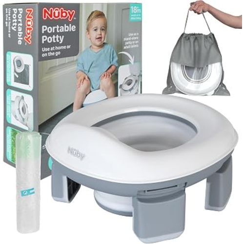 Nuby On-the-Go Portable Potty Seat - Collapsible Travel Toilet Seat for Boys and Girls 18+ Months - Includes Storage Bag and Disposable Liners - Toddler Potty Training Toilet