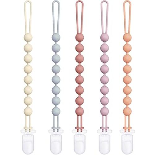 Cuddle Campus Silicone Pacifier Clip Holder with One Piece Design, Pack of 5 Soft Flexible Binky Clips for Baby Boy and Girl Set 5((3M+ Plastic Clip)