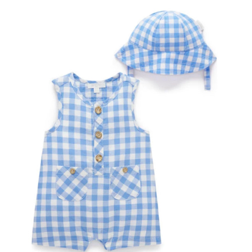 Linen Blend Romper & Sunhat Ocean Gingham - Purebaby Rompers | Maisonette