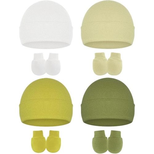 Stretchy Baby Hats and Mittens, Ribbed Neutral Newborn No Scratch Gloves Beanie Hospital Hat Set for Girls Boys
