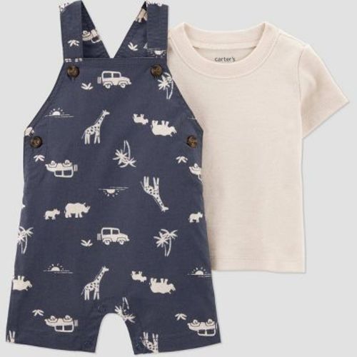 Carter's Just One You® Baby Boys' 2pc Safari Short Sleeve T-Shirt & Overalls Set - Gray 12M: Cotton, Animals, Vehicles