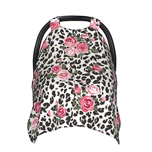 KiuLoam Pink Rose Leopard Cheetah Print Baby Car Seat Canopy, Nursing Cover Breastfeeding Scarf, Stretchy Soft Breathable Infant Carseat Cover for Babies Boys Girls