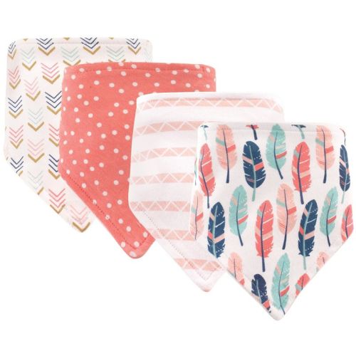 Hudson Baby Infant Girl Cotton Bandana Bibs 4pk, Feather, One Size