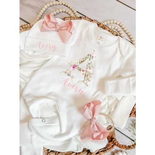 newborn girl wildflower coming home outfit, Personalized baby romper and bow set, custom baby girl coming home outfit, Baby Girl Shower Gift
