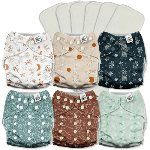 Mama Koala 3.0 Cloth Diapers for Babies with AWJ Lining, 6 Pack with 6 5-Layer Natural Cloth Diaper Inserts - Reusable and Washable Pocket Diapers(A-Seashore)