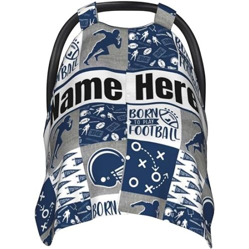 Personalized Baby Car Seat Canopy for Babies with Name, Custom Car Seat Covers for Boys, Infant Opening Minky Nursing Breastfeeding Stroller Cover Carseat Canopies for Newborn (Football Theme)