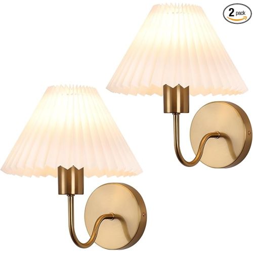 Brushed Gold Wall Sconces Sets of 2, White Pleated Fabric lampshade, Indoor Gooseneck Wall Lamp Lighting, Bathroom Dresser Hardwired sconces wall decor Fixture for Living Room Bedroom Dining Room