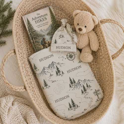 Adventure Baby Swaddle Set Personalized Newborn Swaddle Neutral Baby Blanket Mountain Nursery Coming Home Outfit