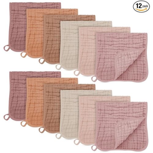 SWEET DOLPHIN 12 Pack Muslin Burp Cloths Large 100% Cotton Burping Clothes for Baby Drool - Absorbent and Soft Boys & Girls Milk Spit Up Rags for Newborn Essentials Registry - Neutral Retro
