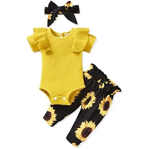 Unutiylo Preemie Newborn Baby Girls Clothes Ribbed Romper Bodysuit Pants Set Ruffle Spring Summer Outfits