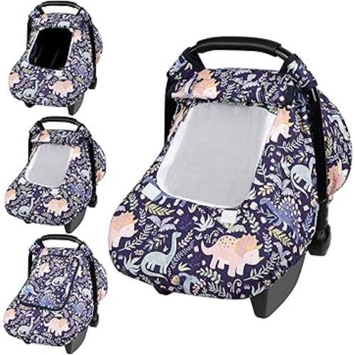 Pea Pod Car Seat Cover Baby, Infant Car Seat Canopy Covers for Newborn with 2 Layers Windows of Breathable Mesh Fabric, Lightweight Polyester/Soft Minky Dot Backing (Dinosaur)