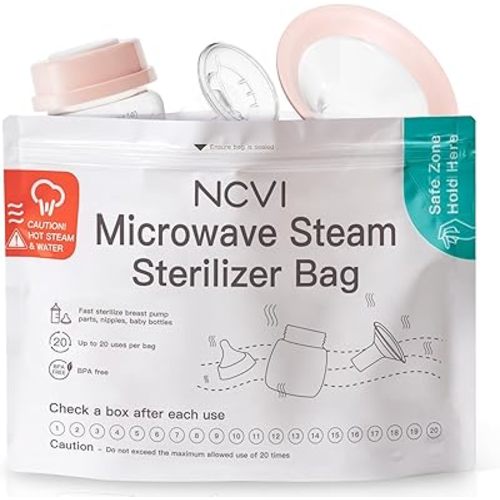 NCVI Microwave Steam Sterilizer Bag for Baby Bottles 8 Count(160 Uses), Large Reusable Travel Sterilization Pouches, Disinfection Container for Baby Teether, Pacifiers and Breast Pump Accessories