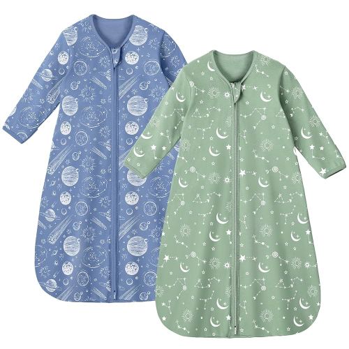 Baby Sleep Sack 6-12 Months 100% Cotton Long Sleeve Wearable Blanket Baby Sleep Bag with 2-Way Zipper 2 Pack 0.5 Tog Sleeping Sack for Newborn Infant Blue Green