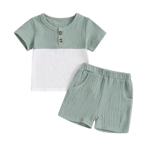 fhutpw Baby Boy Summer Outfits Henley Shirt Soft Pocket Short Sleeve Tops & Shorts Sets Infant 3 6 12 18 Months 2T Clothes
