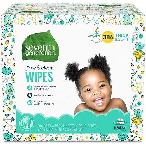 Seventh Generation Baby Wipes, 384 count, Made for Sensitive Skin with Flip Top Dispenser,64 Count (Pack of 6)