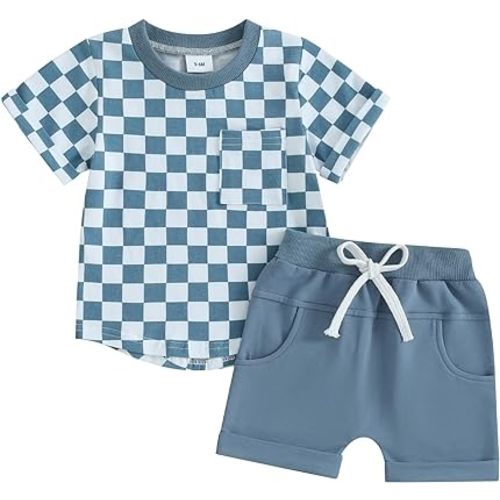 Toddler Baby Boy Girl Summer Clothes Checkerboard Print Short Sleeve T-Shirt Tee Tops Rolled Shorts Infant Outfits