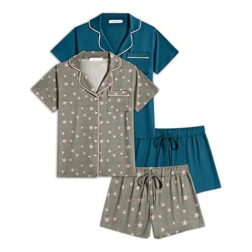 Ekouaer Womens Pajamas Set 2 Pack Button Down Summer Sleepwear Short Sleeve Comfy Pjs Loungewear Set