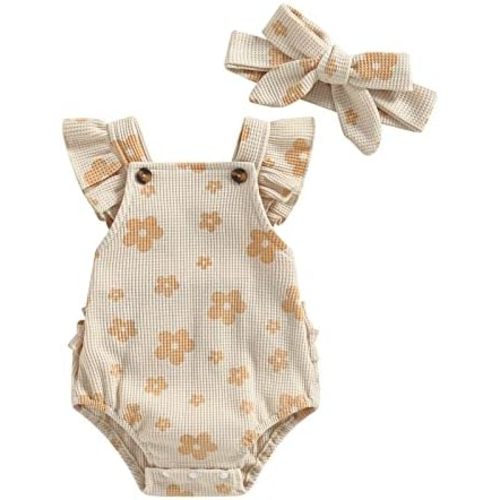 ZAXARRA Little Baby Girls 2Pcs Summer Outfits Fly Sleeve Flower Print Bodysuit with Headband Newborn Clothes