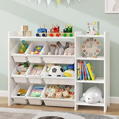 MallBest 4-Tier Kids' Toy Storage Organizer Shelf - 100% Solid Wood,Children's Storage Cabinet with 9 Plastic Bins and 3 Storage Ports(White-Single Color)