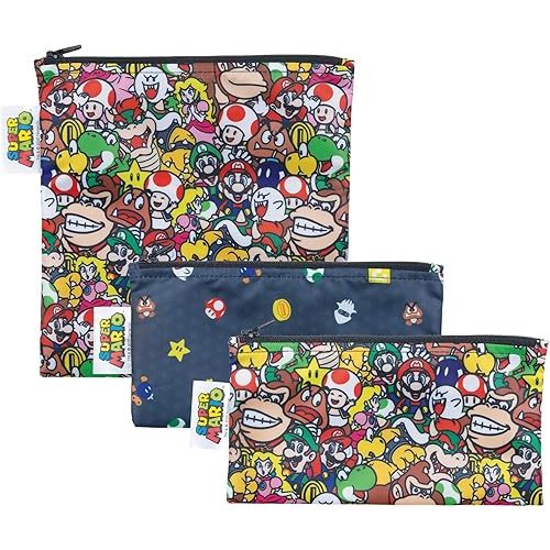 Bumkins Nintendo Reusable Sandwich and Snack Bags, for Kids School Lunch and for Adults Portion, Washable Fabric, Waterproof Cloth Zip Bag, Travel Pouch, Food-Safe, 3-pk Super Mario