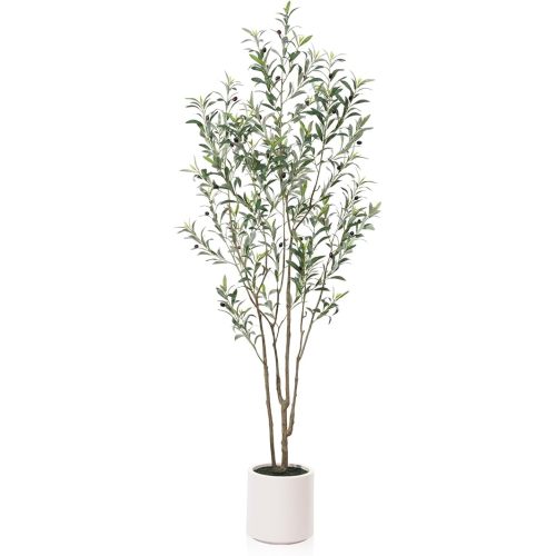 LOMANTO Artificial Olive Trees, 7 ft Tall Fake Olive Trees for Indoor, Faux Olive Silk Tree, Large Olive Plants with White Planter for Home Decor and Housewarming Gift, 1 Pack
