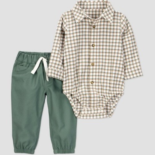 Carter's Just One You® Baby Boys' 2pc Plaid Button Up Bodysuit and Pants Set - Green 3M