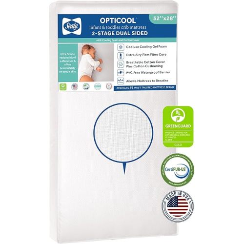 Sealy Baby OptiCool Dual Firm Crib Mattress - Waterproof & Breathable Cooling Gel Foam for Enhanced Comfort, GREENGUARD Gold Certified, Made in USA for Infant and Toddler - 52"x28"