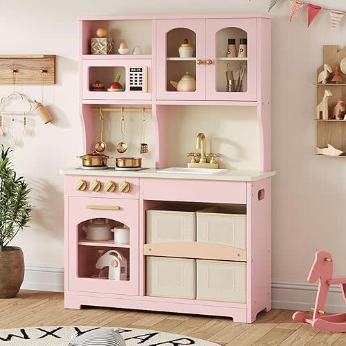 Play Kitchen for Kids, Wooden Toy Kitchen Set with Smart Storage & Accessories, Toddler Kitchen Playset with Stove & Oven, Pretend Play Set, Gift for Ages 3-8, Pink