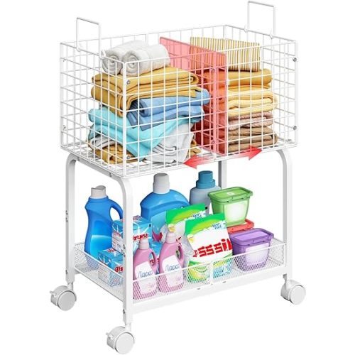 2-Tier Metal Wire Laundry Basket Cart,White Laundry Cart with Dividers and Handles,360-Degree Swivel Wheels(80L),for Laundry Rooms,Bedrooms,and Bathrooms-23.6x15.7x28.3 inches