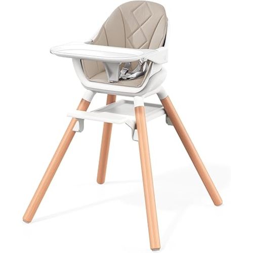 Baby High Chair, Highchair for Baby & Toddler, Easy Clean Infant Highchair, 6 in 1 Feeding High Chair with Removable Double Tray and Waterproof PU Cushion, Wooden Legs, Champagne