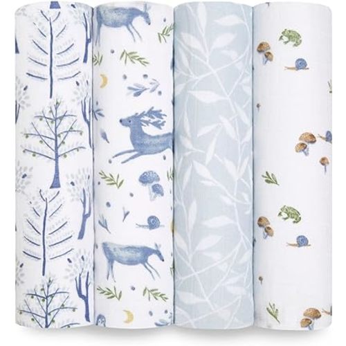aden + anais Swaddle Blanket, 100% Organic Cotton Muslin Blankets for Girls & Boys, Baby Receiving Swaddles, Ideal Newborn & Infant Swaddling Set, 4 Pack, Outdoors