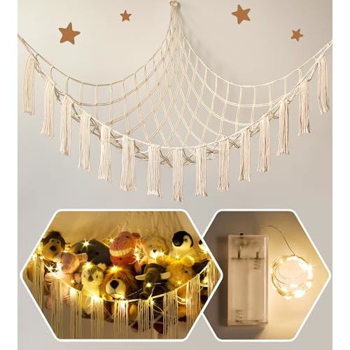Stuffed Animal Storage Hammock Corner X-Large with LED Light - Baby Hammock Hanging Holder Plushies Net for Stuff Animals Organizer - Cute Room Decor Aesthetic Kids Toddler Nursery Bedroom Boho