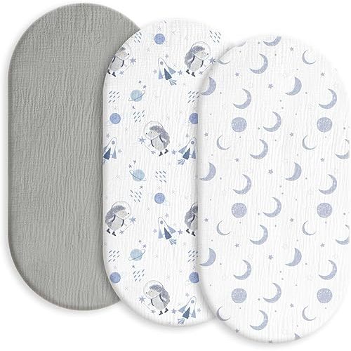 Gllquen Baby Muslin Bassinet Sheets 3 Pack, Breathable Elastic Cozy Fitted Cotton Bassinet Mattress Sheet for Baby Boy Girls, Fit for Hourglass Oval Rectangular Cradle Pad Sheets 33"x17" (Space)
