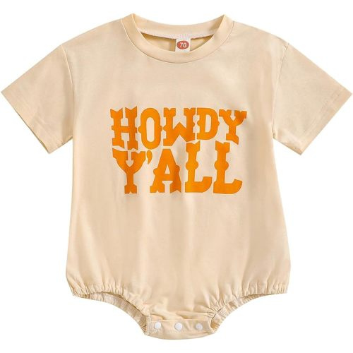 YINGISFITM Baby Girl Boy Halloween Clothes Howdy Yall Short Sleeve Bubble Romper Oversized Shirt Onesie Pumpkin Outfit (Beige, 3-6 Months)