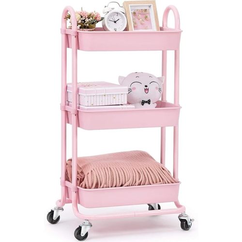 TOOLF Utility Cart, 3 Tier Rolling Storage Cart with Wheels, Storage Organizer for Lash Makeup Diaper Baby Nursery, Serving Baskets Trolley for Home, Office, Kitchen, Bathroom (Pink)