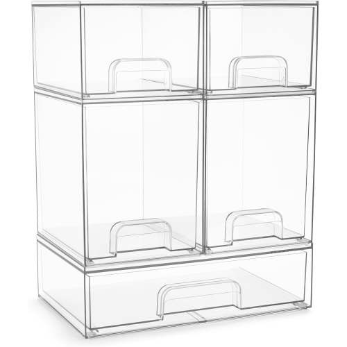 Acrylic Storage Containers - 5 Pack, Stackable Storage Bins Set for Bathroom Organization - Clear Acrylic Drawer Organizers - Makeup Case Pull-Out Drawers (7.6’’ and 4.4’’ Tall and 12.1’’ Wide)