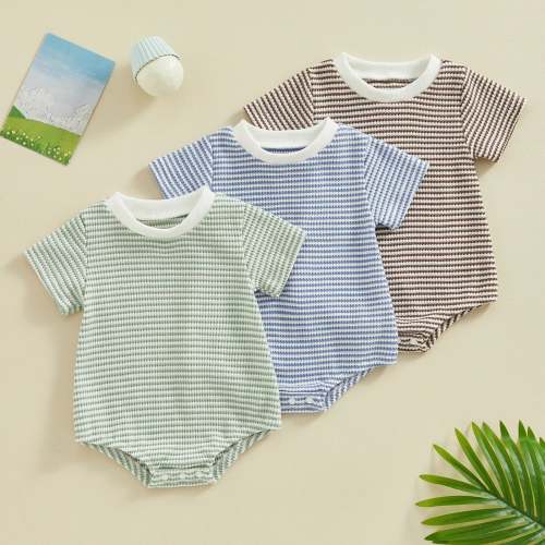 Baby Boys Girls Summer Romper Round Neck Short Sleeve Striped Waffle Jumpsuit Casual Bodysuits Clothes