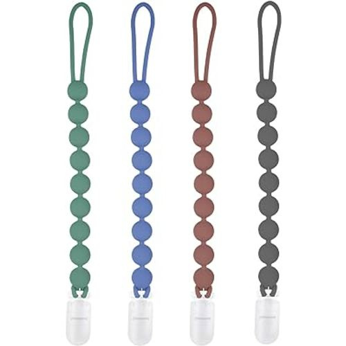 Silicone Pacifier Clip Holder, 4 Pack One Piece Soft Flexible Binky Clips Pacifier Holder Clip for Boys, Birthday Christmas Shower Gift